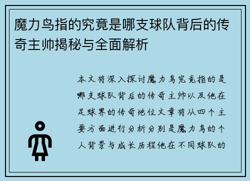 魔力鸟指的究竟是哪支球队背后的传奇主帅揭秘与全面解析